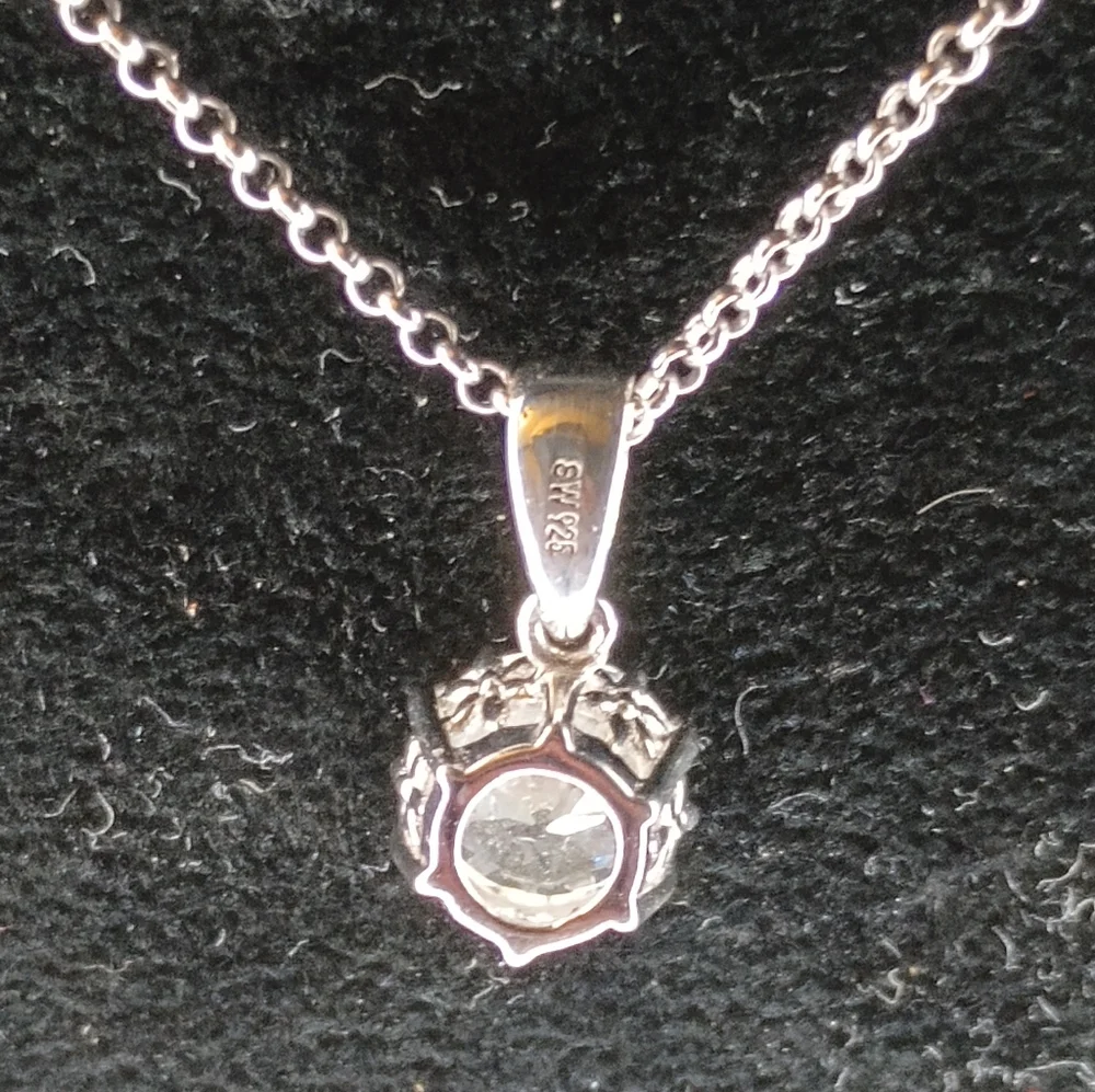 Rhodium Plated/Sterling Silver Round Diamond Simulant Pendant - Picture 4 of 6